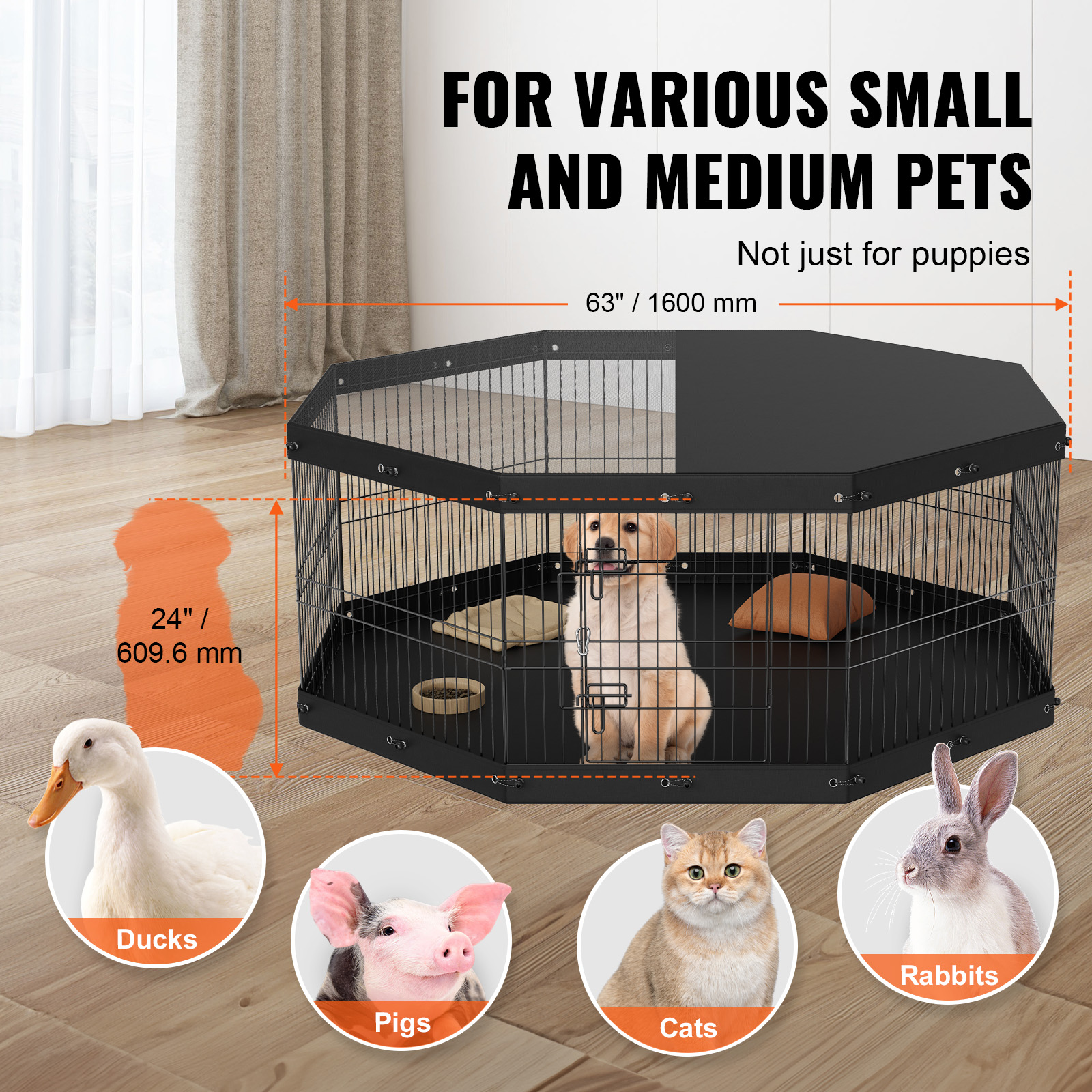 Dog Playpen, 8 Panels Foldable Metal Dog Exercise Pen With Top Cover And Bottom Pad, 24" H Pet Fence Puppy Crate Kennel, Indoor Outdoor Dog Pen For Small Medium Pets, For Camping, Yard_maomaolike.com